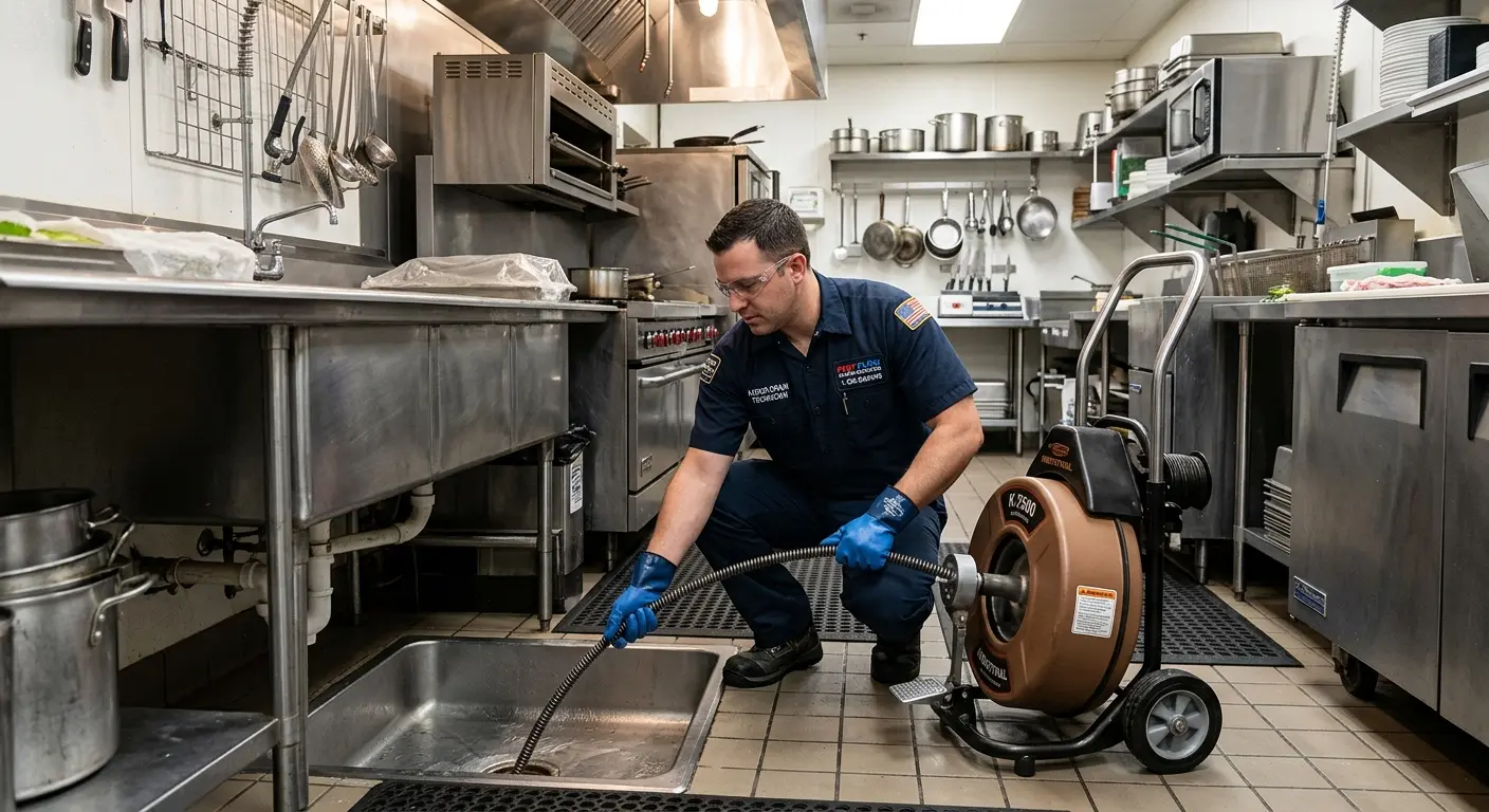 Commercial drain cleaning service in a restaurant kitchen in Clarence