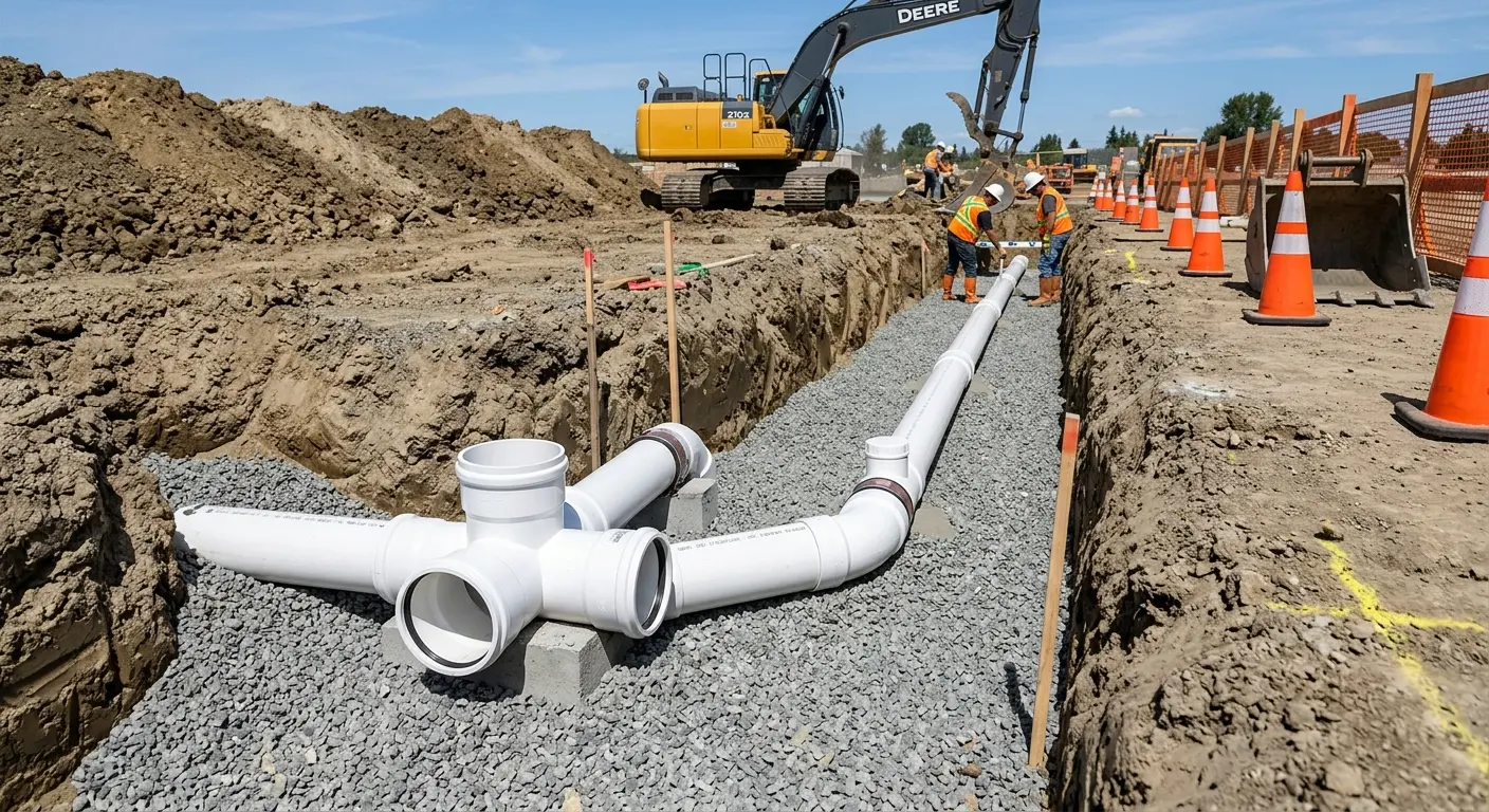 New PVC sewer pipe installation in open trench for Commercial Drain Cleaning in Clarence