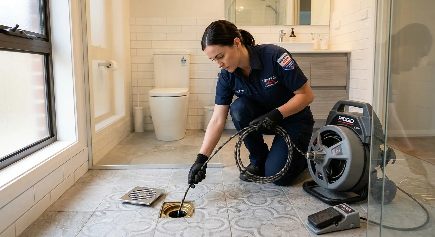 Technician clearing a bathroom floor drain for Hydro Jetting in Clarence